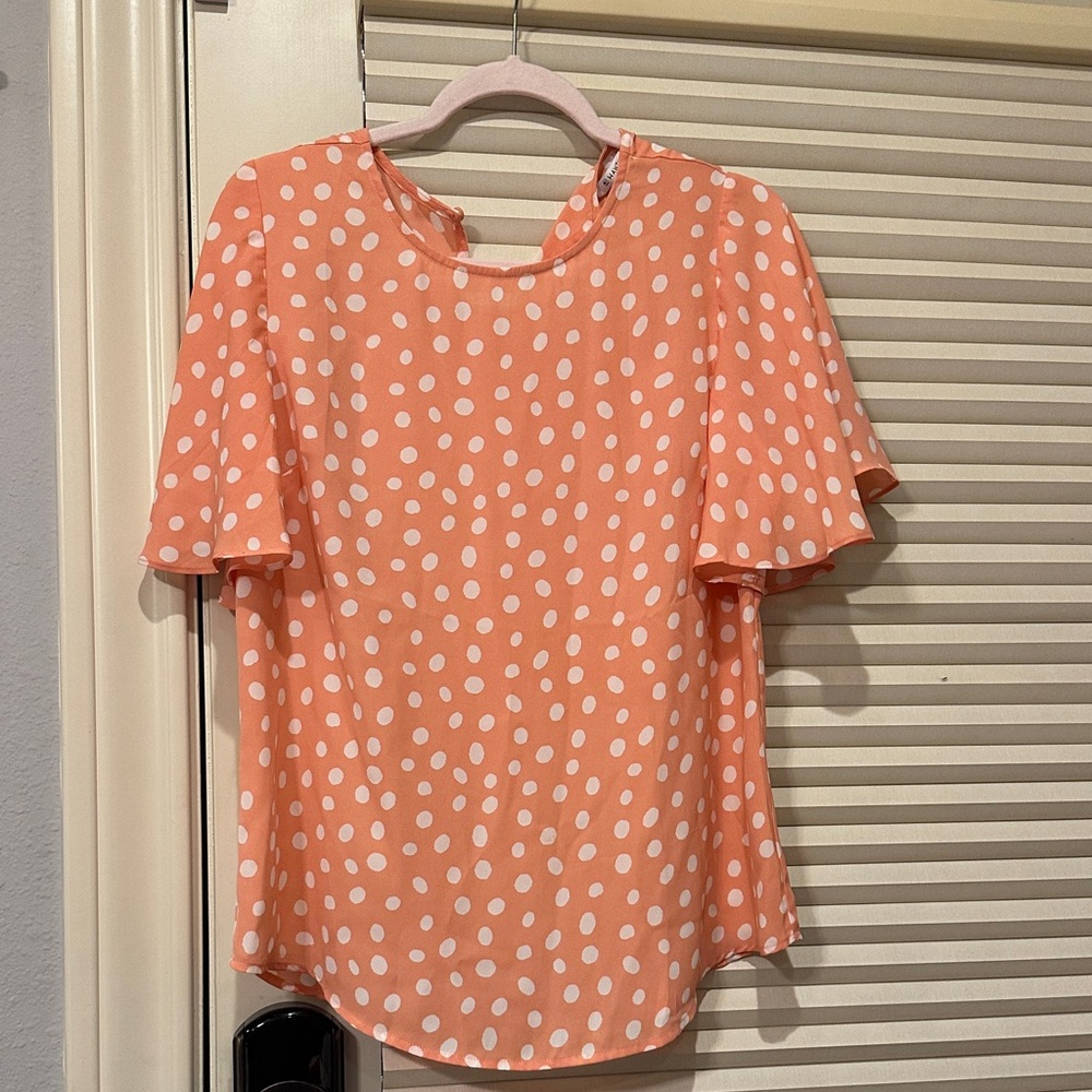 41 Hawthorn Coral Pink Polka Dot Flutter Sleeve Blouse